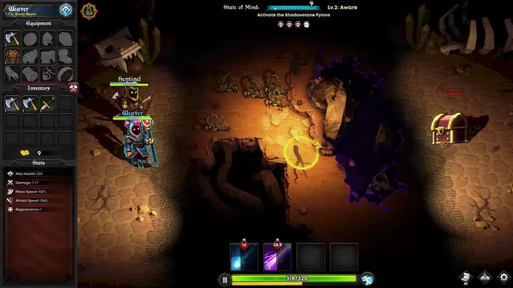 A Void Hunter discovering a treasure chest in a dark cavern